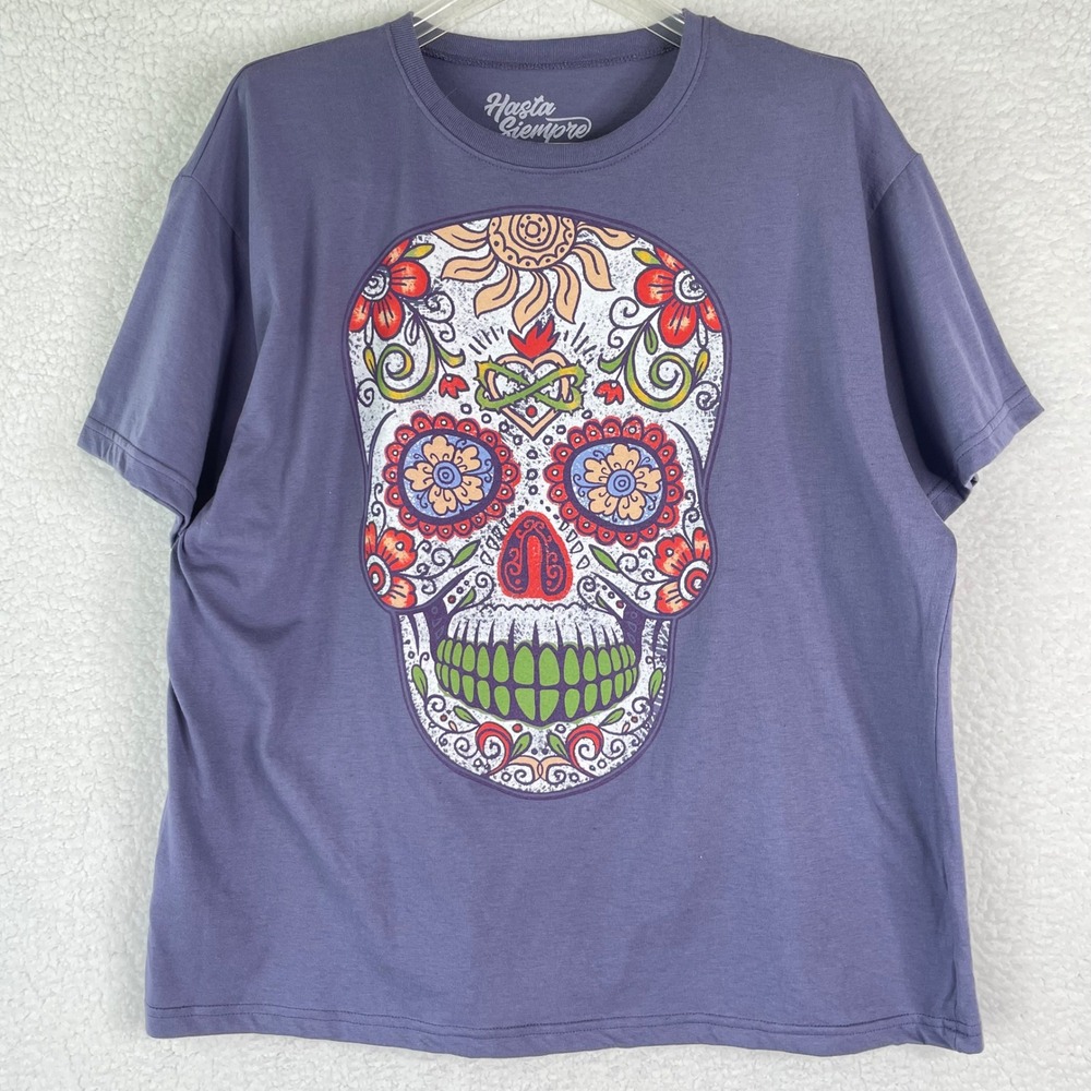 Hasta Siempre Womens Sugar Skull Graphic Tee Purple Short Sleeve L JT25845